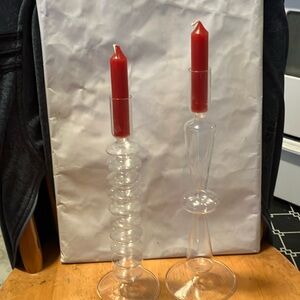 Set of 2. Lovely all glass , 11” n 12” candle holders.  Perfect condition , nice